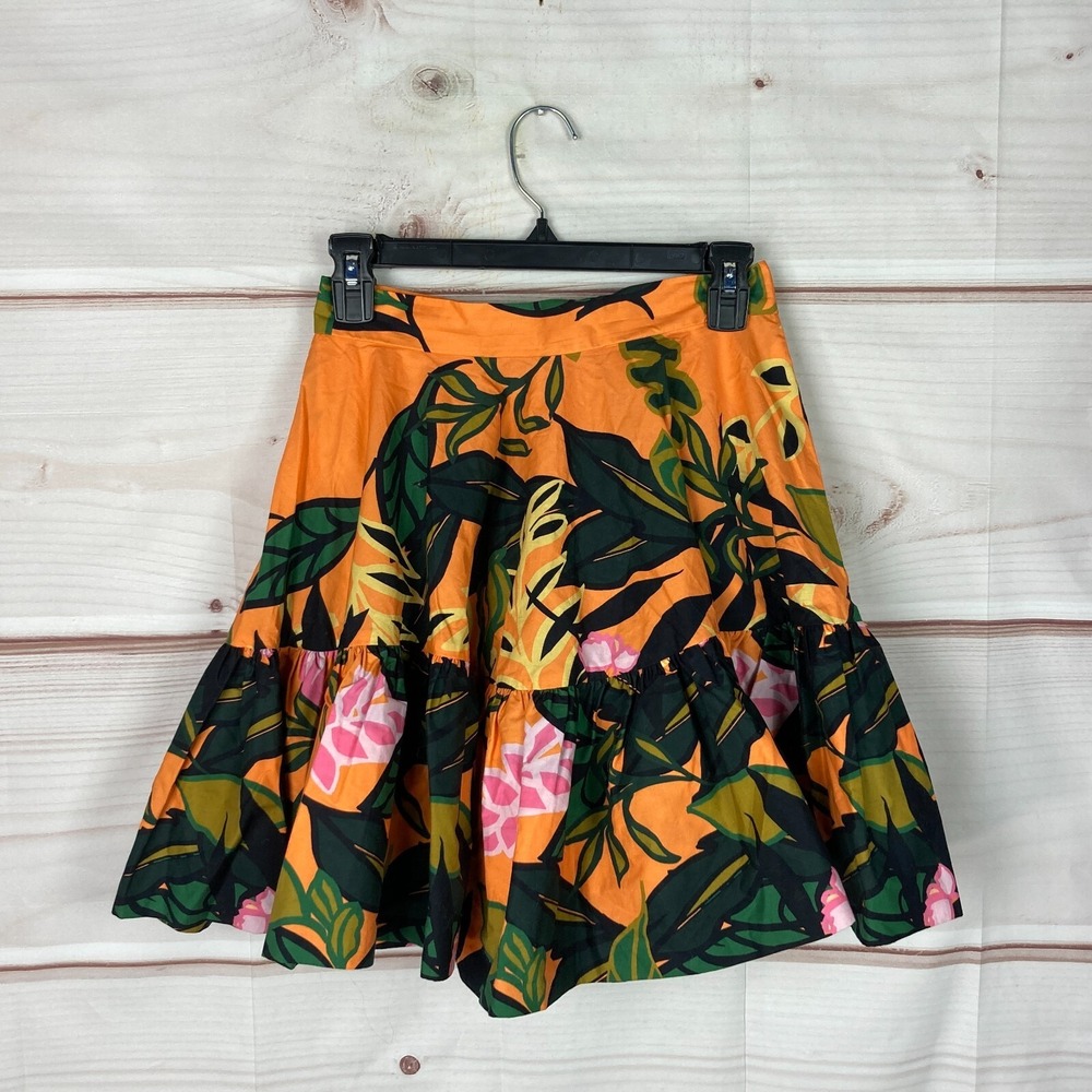 H&M‎ Skirt Womens 2 Orange Floral Swing Full Mini Cotton Pockets High Waist